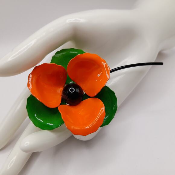 Vintage 1960s Orange Green White Enamel Flower Brooch with Stem, 4 Inches - Picture 1 of 9
